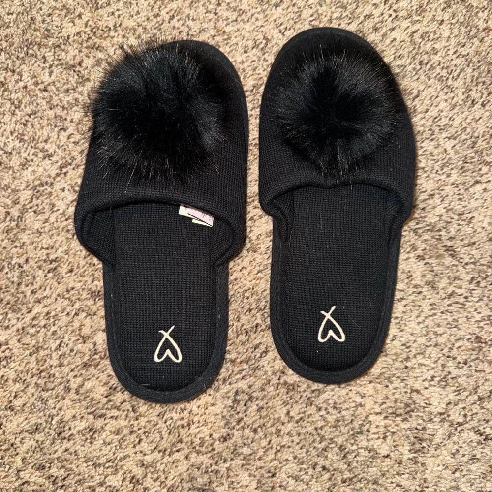 Victoria’s Secret Black Fuzzy Pom-Pom Slippers